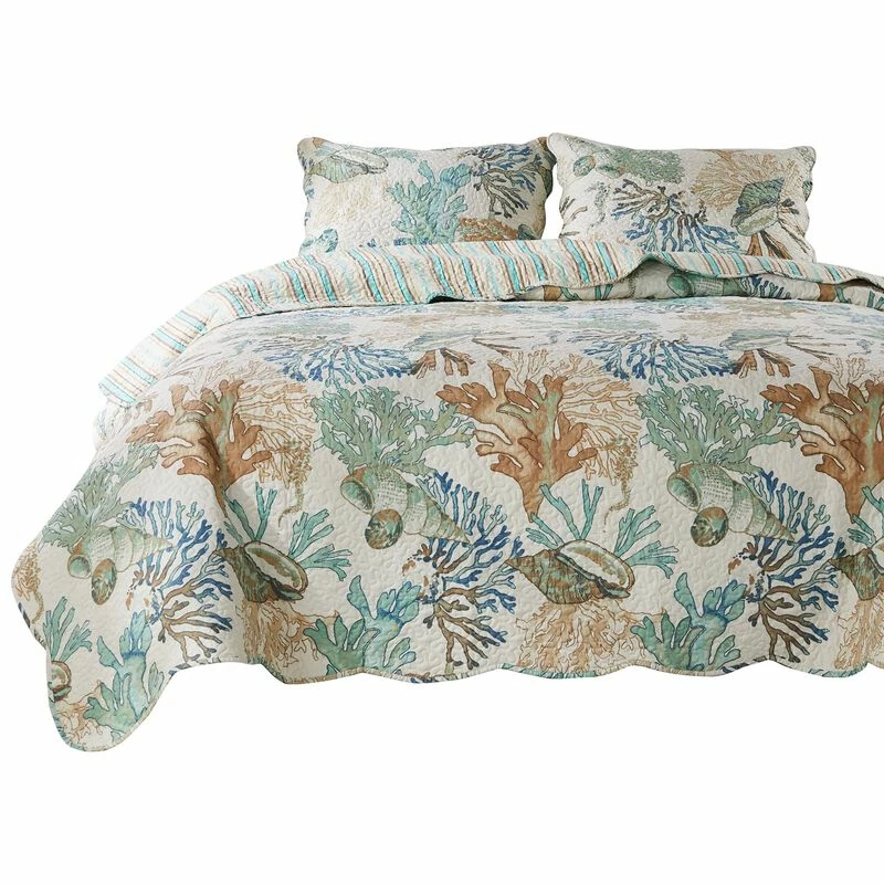 Wade Quilt Set, Ocean Design, Scalloped Edges, Floral Pattern-Benzara Multicolor 2 Wade Quilt Set, Ocean Design, Scalloped Edges, Floral Pattern-Benzara Multicolor - Image 2