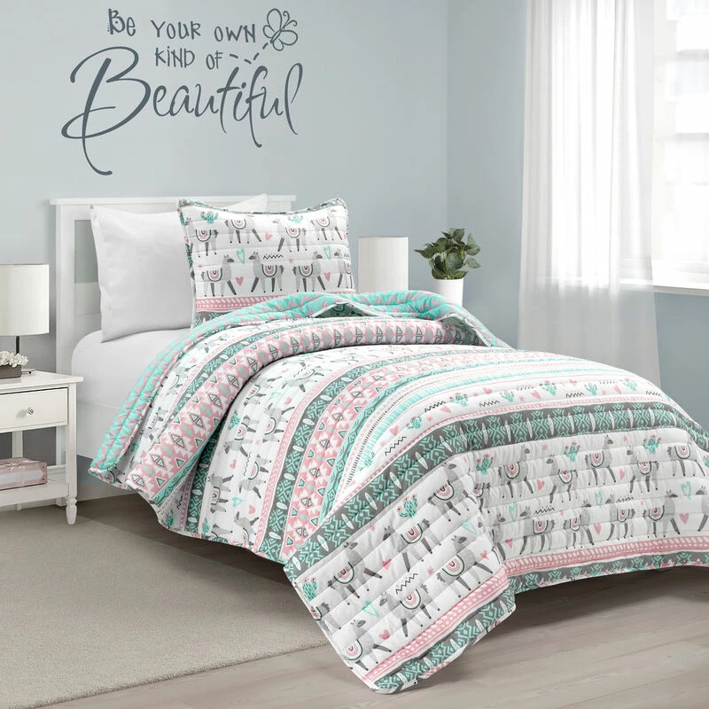 Boho Llama Reversible Oversized Quilt 2Pc Set Pink/Aqua 2 Boho Llama Reversible Oversized Quilt 2Pc Set Pink/Aqua - Image 2