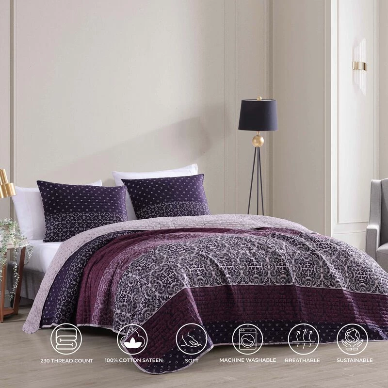 Bebejan Cordon Purple 100% Cotton 230 Thread Count 3-Piece Reversible Quilt Set. Purple 2 Bebejan Cordon Purple 100% Cotton 230 Thread Count 3-Piece Reversible Quilt Set. Purple - Image 2