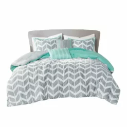 QuikFurn Reversible Comforter Set In Grey White Aqua Teal Chevron Stripe Grey White Aqua Teal