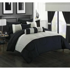 Chic Home 20 Piece Sdon Complete Pieced Color Block Bedding, Sheets, Window Panel Collection Queen BedBag Comforter Set, Black Sheets