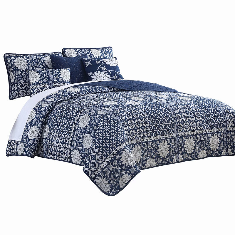 Ann 6 Piece Polyester Quilt Set, Flowers, Reversible, Navy Blue-Benzara Blue 1 Ann 6 Piece Polyester Quilt Set, Flowers, Reversible, Navy Blue-Benzara Blue