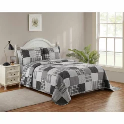 Legacy Decor 3 PCS Quilt Reversible Bedspread Coverlet Patchwork Design Ultra Soft Microfiber Oversized Full Size Grey