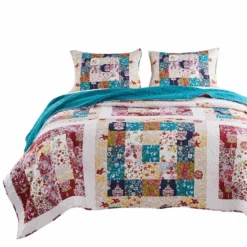Zay Microfiber Quilt Set, Vintage Patchwork, Multicolor-Benzara Multicolor