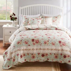 Greenland Home Antique Rose Floral Print Decorative High Quality Quilt Set 4-Piece Blue