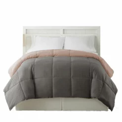 Genoa Twin Size Box Quilted Reversible Comforter The Urban Port, Gray And Pink-Benzara