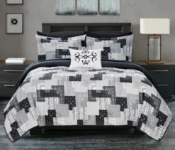 Chic Home Eliana 4 Piece Reversible Quilt Coverlet Set Embossed Patchwork Bohemian Paisley Print Quilted Design Bedding Queen Black Black