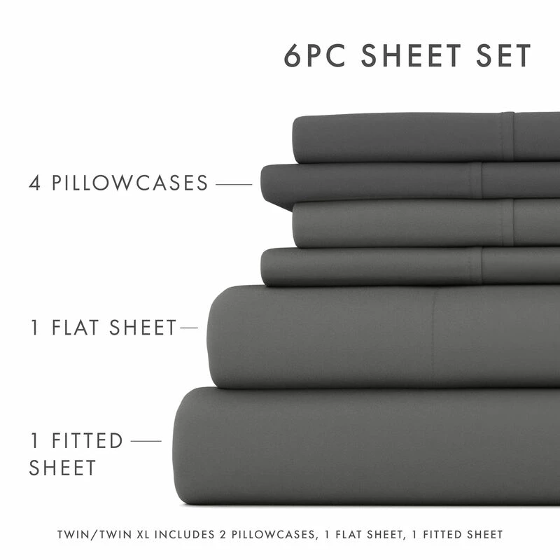 6 Piece Essential Solid Colors Bed Set - Fitted Sheet, Flat Sheet, Extra Pillowcase(s) Gray 9 6 Piece Essential Solid Colors Bed Set - Fitted Sheet, Flat Sheet, Extra Pillowcase(s) Gray - Image 9