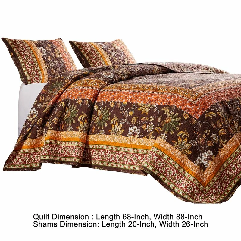 Dill Quilt Set, Bohemian, Jacobean Floral Print, Brown, Orange-Benzara Brown And Orange 5 Dill Quilt Set, Bohemian, Jacobean Floral Print, Brown, Orange-Benzara Brown And Orange - Image 5