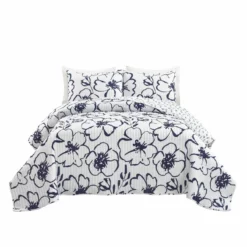 Scandinavian Floral Quilt Navy/White 3Pc Set King Navy/White